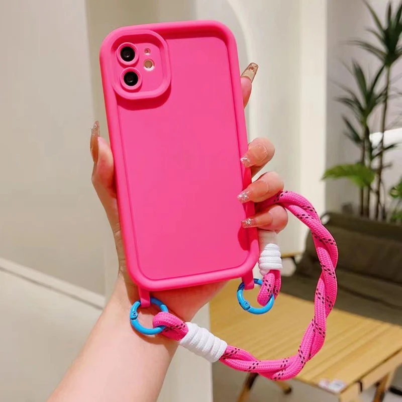 Fashion Candy Color Double Lanyard Bracelet Soft Phone Case For iPhone 16 15 14 13 12 11 Pro Max 14 15 Plus X XR XS Max 7 8 Plus_voghion.com