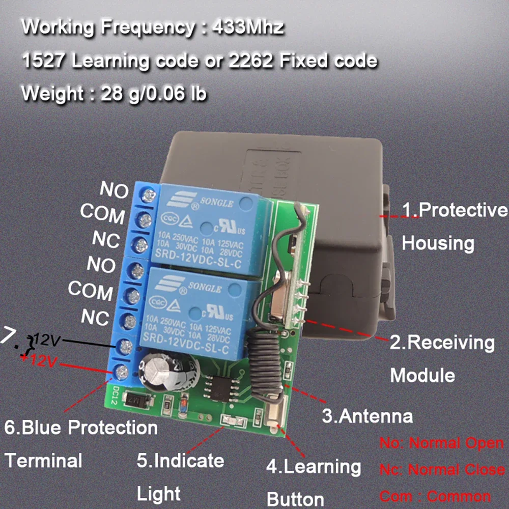 Description Picture 5 of itemWenQia 433MHz DC 12V 2CH Relay Remote Control Switch Garage Gate Light Motor LED Wireless Controller 10A Receiver Module Keyfob