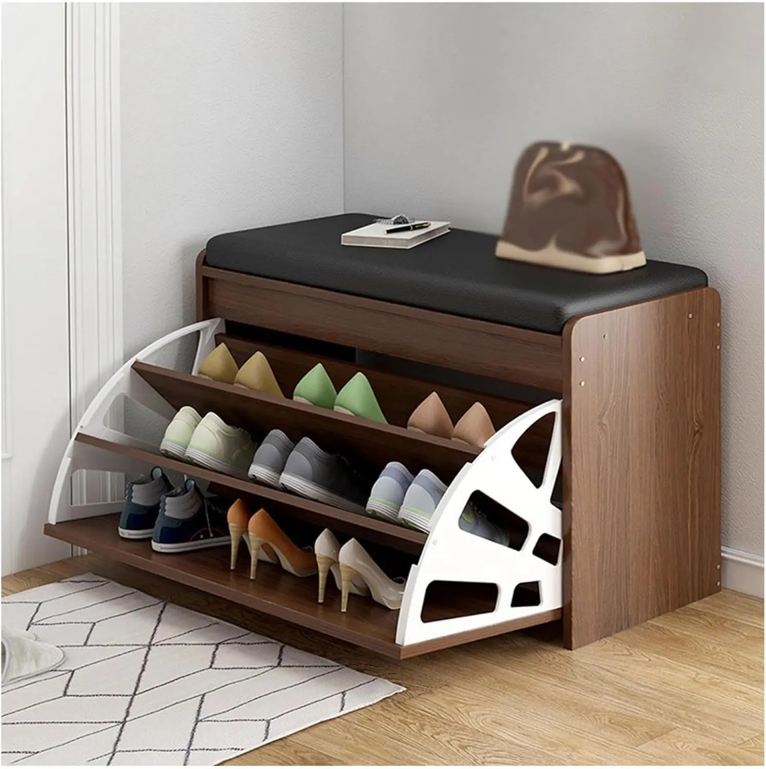 خزانة أحذية مع 3 أدراج قابلة للطي، رف أحذية خشبي مبطن بالبولي يوريثان، رف حامل خزانة تخزين قابل للسحب، منظم خزانة، للمنزل