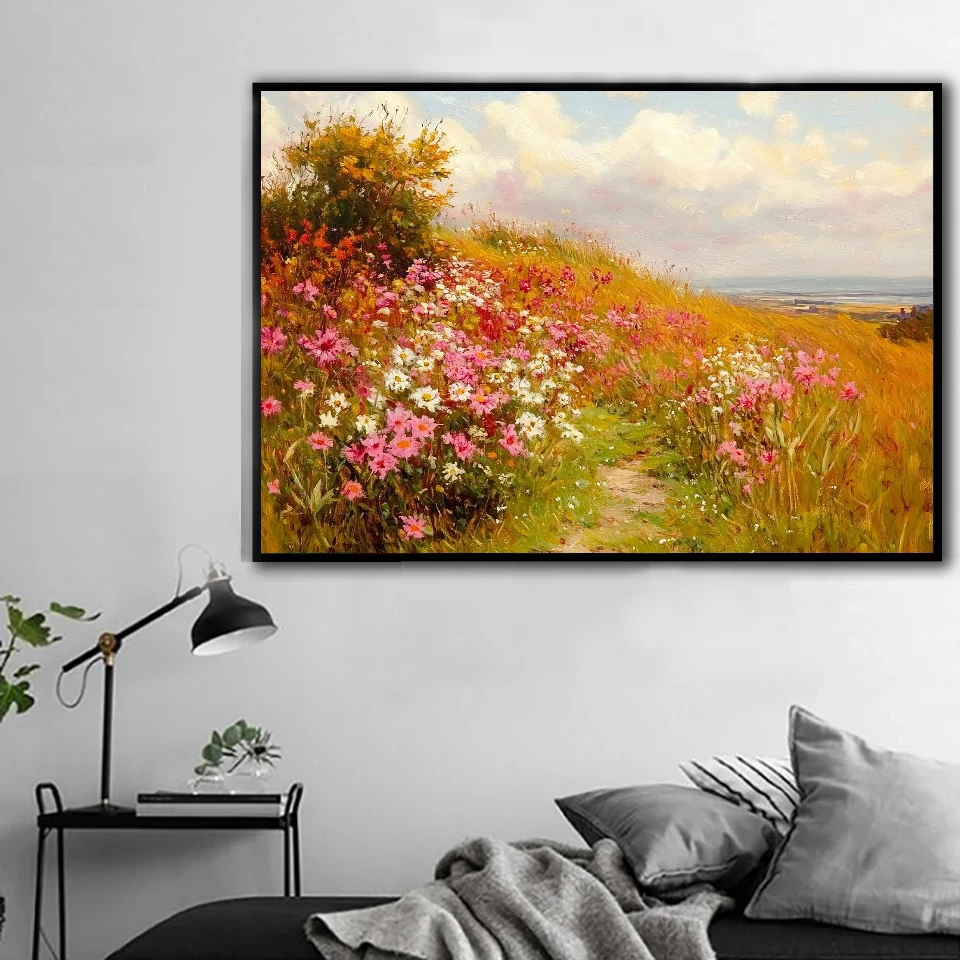 Moody Autumn Wildflower Landscape Canvas Print – Vintage Rustic Country Scenery Wall Art Decor
