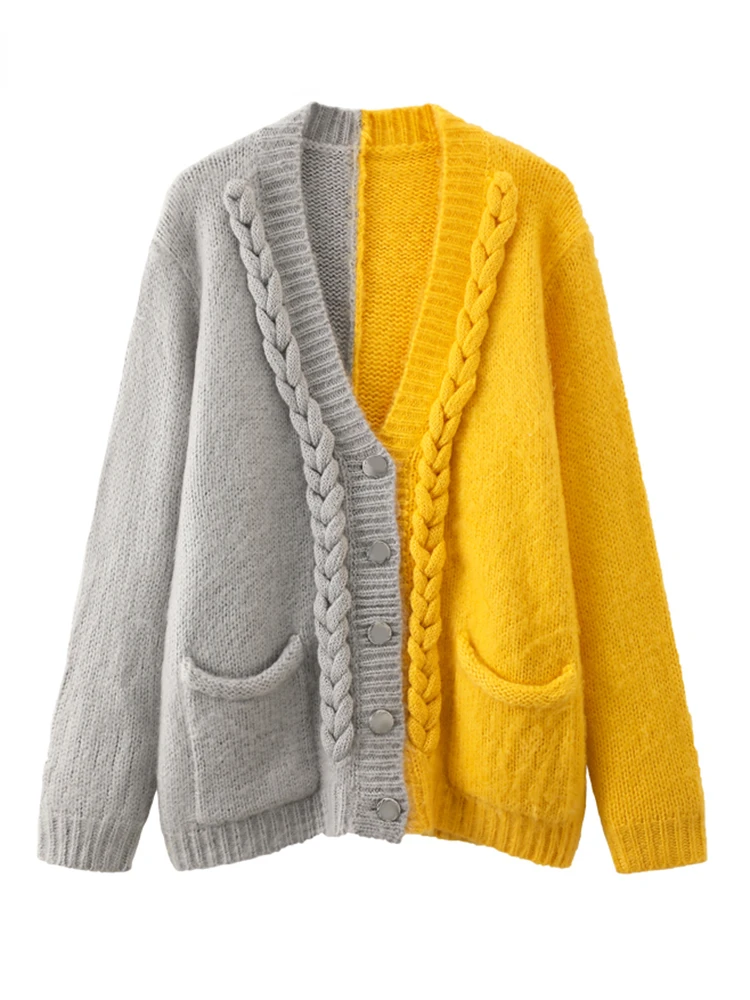 

Patchwork Knitting Sweater For Women V Neck Long Sleeve Colorblock Casual Cardigan Female Autumn Clothing 2022 New
