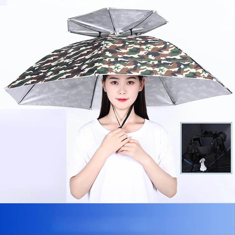 Head-Mounted Fishing Umbrella Hat, Sunscreen Folding Overhead Umbrella, Double-Layer, Large Sunshade, Rain Hat, 1Pc