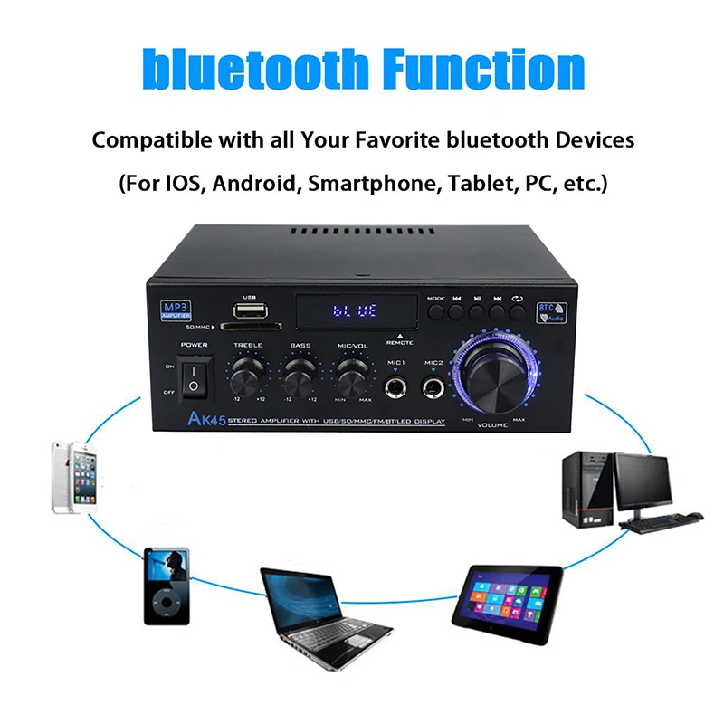 Audio Amplifier AK35/AK45 800W Home Power Amplifier 2 Channel Bluetooth 5.0 Mini Hifi Digital Stereo Sound Support FM USB SD Mic input