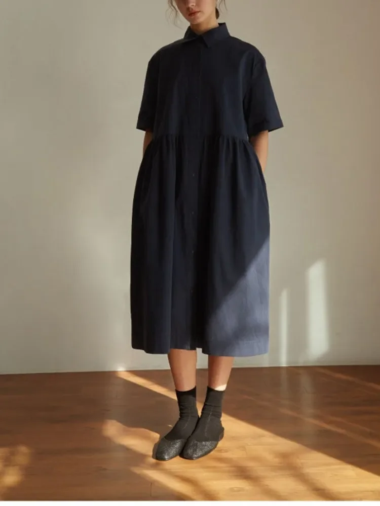 

Fashion Classic Trendy Luxury Designer Women Side Split Shirt Dress New Solid Color Pockets A-Line Midi Dress Casual Robe