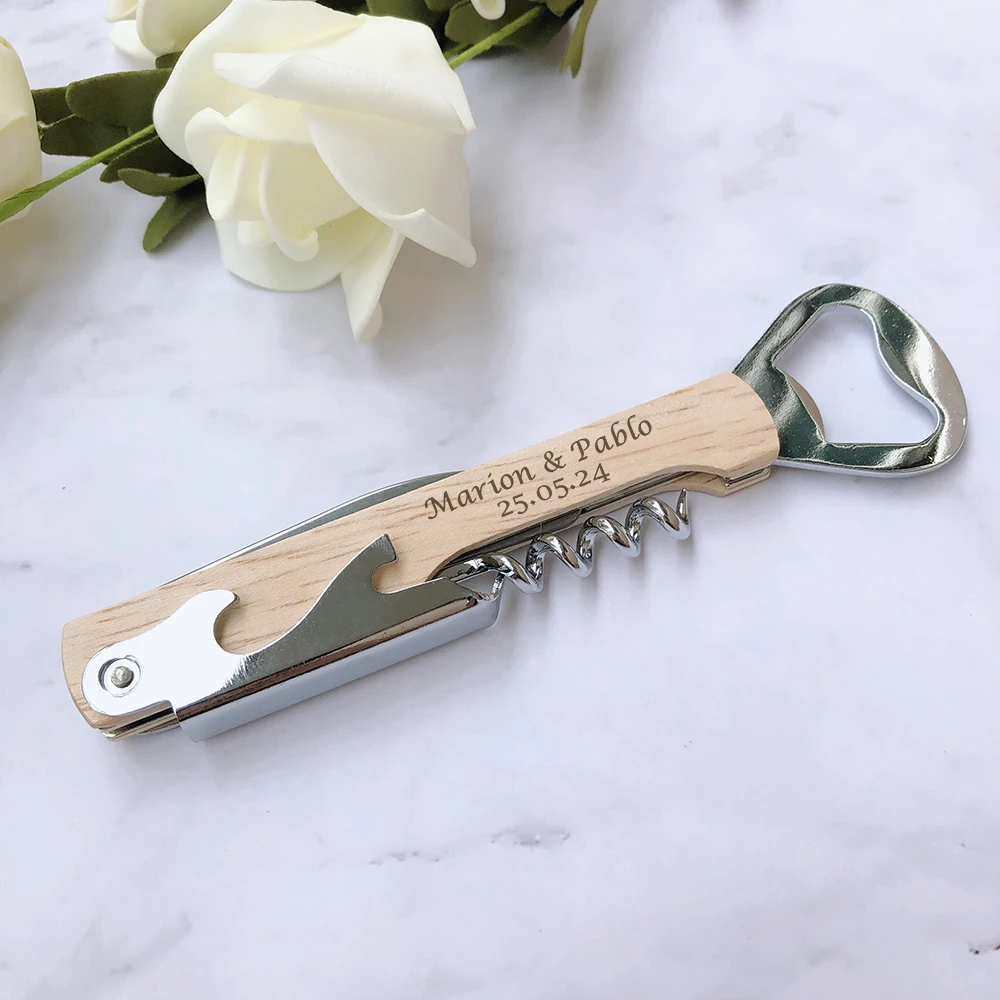 Artificial Rose LED Light Wooden Wine Bottle Stopper Personalized Wedding Party Favor Custom Engraved Wooden Wine Corkscrew & Beer Bottle Opener Wedding Gifts for Guests