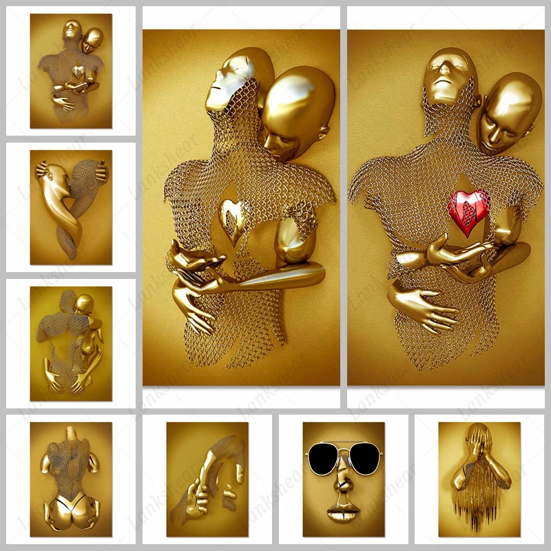 

Golden Metal Figure Statue Art Canvas Painting Modern Lovers Sculpture HD Posters and Prints Pictures for Living Room Home Decor