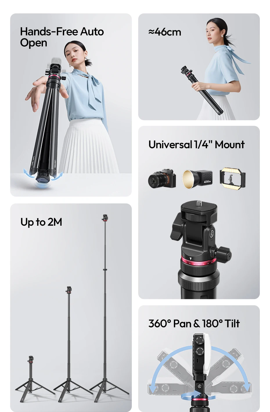 Auto-Open Tripod 2M Ground Tripod Light Stand Selfie for Camera Smartphone Video