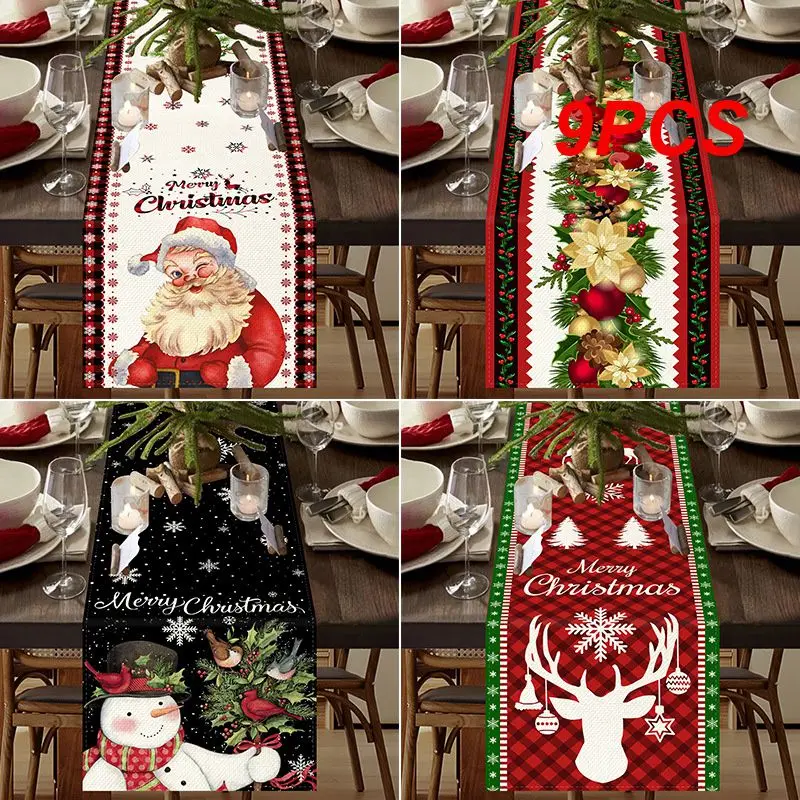 

9PCS Christmas Linen Table Runner Breathable Does Not Fade Soft High-quality Linen Material Tablecloth Printed Tablecloth 110g