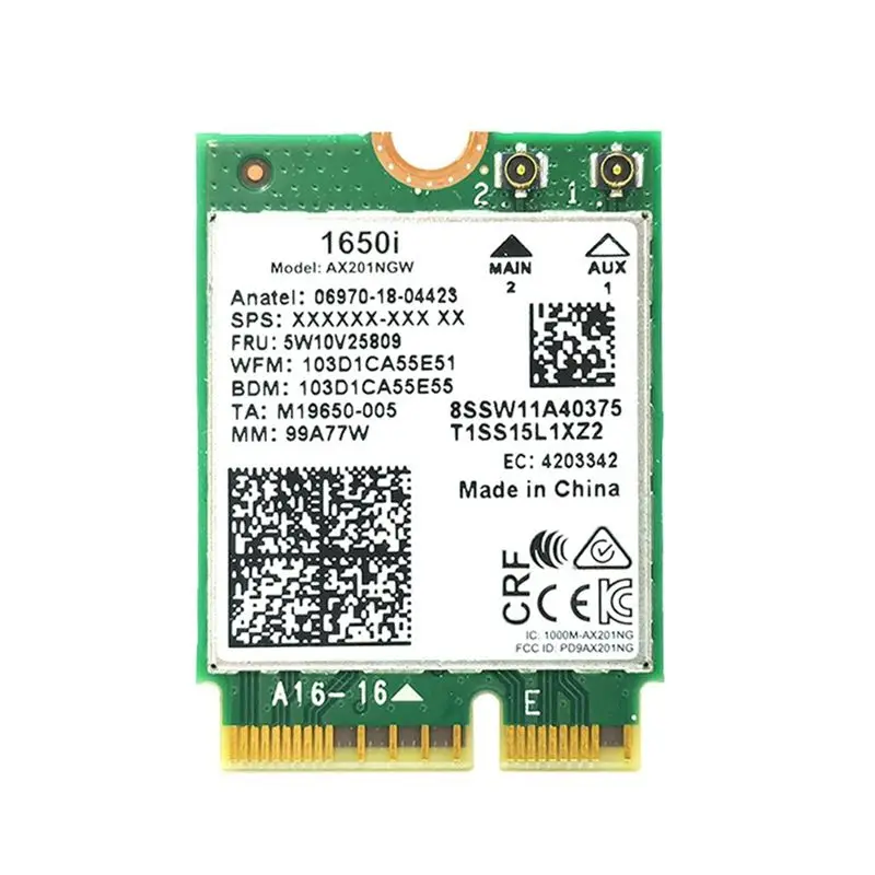 1650I AX201NGW Wifi 카드 + 2Xantenna 3000Mbps WIFI6 2.4G/5G 듀얼 밴드 Cnvio2 블루투스 5.1 Wifi 어댑터 (Win10/Win11용)