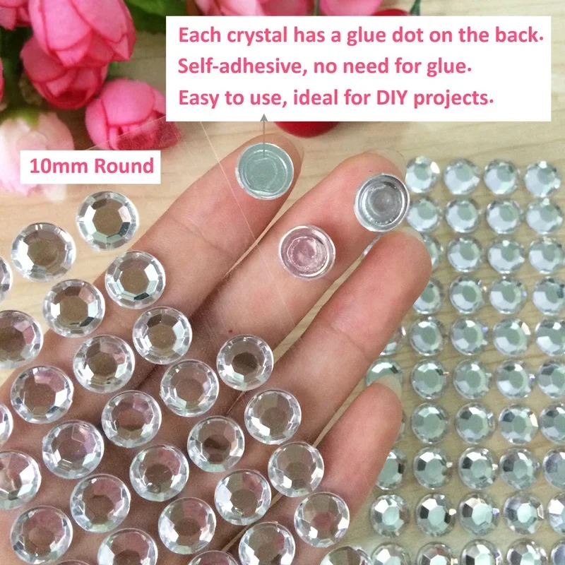 Self Adhesive Rhinestone Sticker 50pcs Round 10mm Gems/Stick On Diamante Crystals for Card Making/Crafts/Wedding #437509