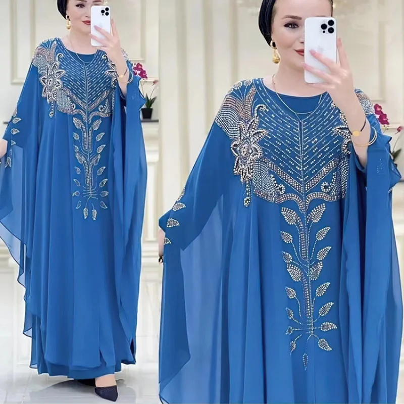 2023 Middle East Muslim Abayat chiffon heavy drilling Abaya Femme solid color loose fashion luxury african dresses for women