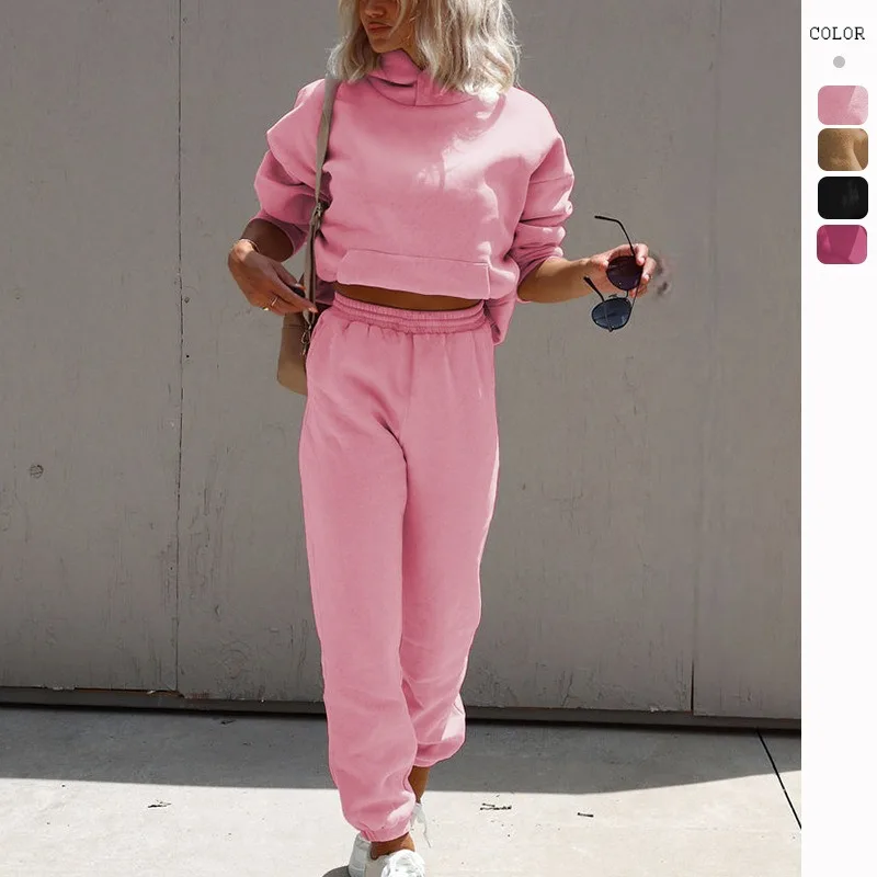 

Spring Autumn Sports Leisure Solid Color Hoodie Hooded Long-sleeved Pullover Trousers Short Hoodie Fashion Trouser Suit Women