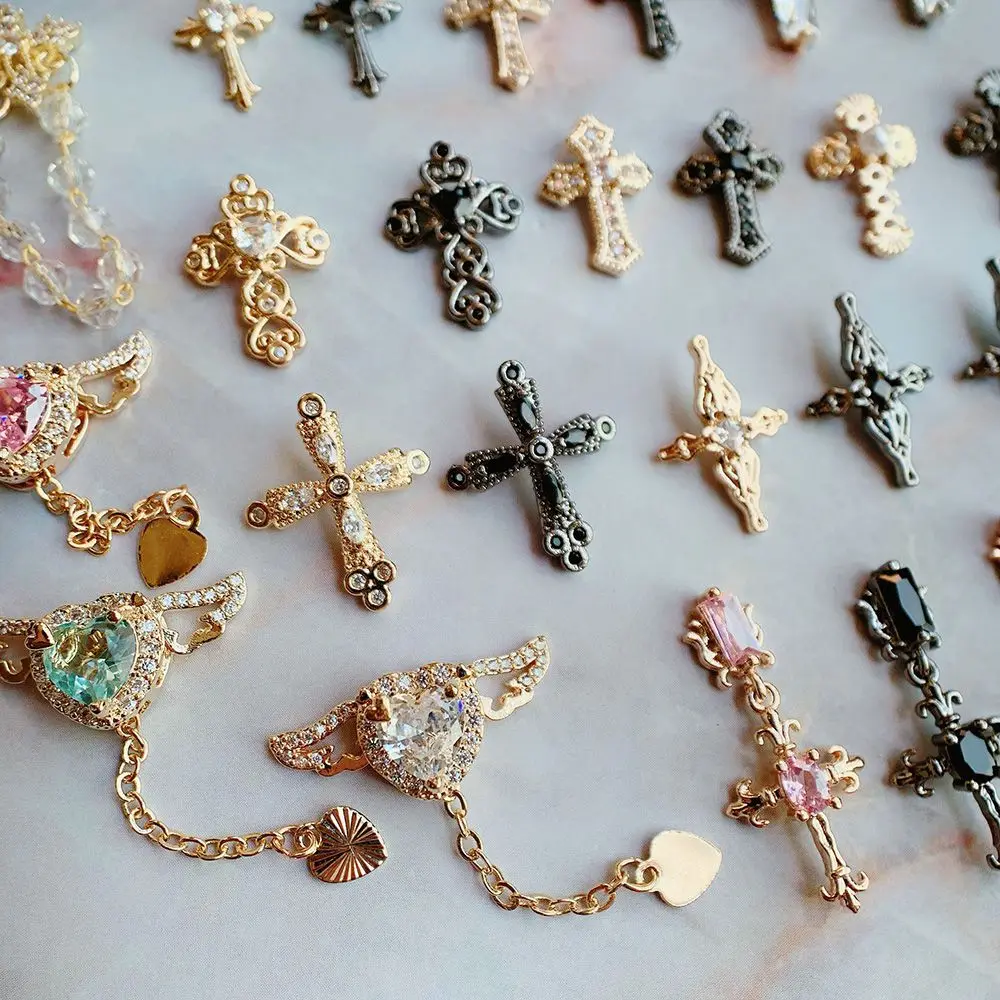 10pcs/lot Dark Black Cross Crucifix Heart Nail Art Parts Zircon Crystal Manicure Nails Accesorios Supplies Decorations Charms 2