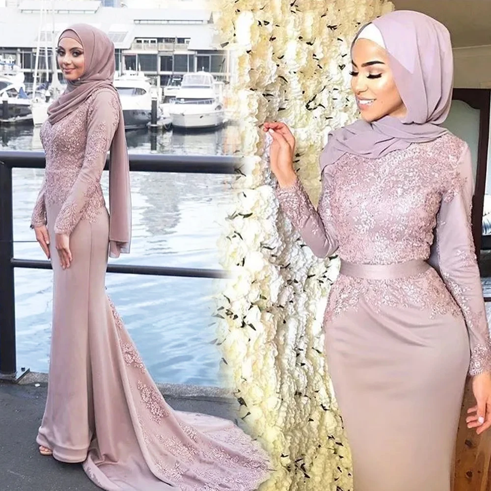

Pink Mermaid Muslim Evening Dresses Satin Beading Sweep Train Long Sleeves Wedding Dress Bride Robe De Soiree Musulmane Dubai