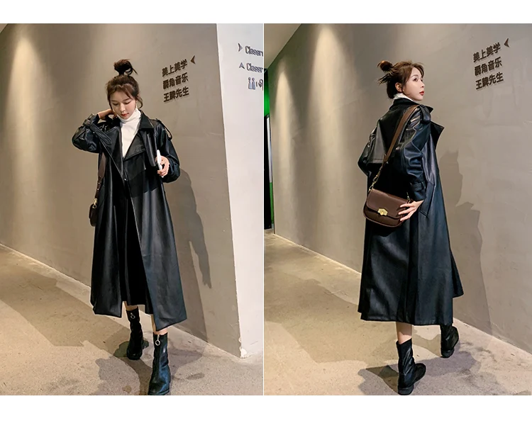 Fashion Brand New Women's Long PU Leather Trench Coat With Belt Lady Windbreaker Waterpoof Female Outerwear Spring Autumn Black puffy coats