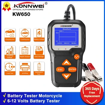 KONNWEI KW650 배터리 테스터 자동차 오토바이 12V 6V 배터리 시스템 분석기 2000CCA 충전 크랭크 테스트 도구, 주파수:-V, 출력:-V, 배터리 상태 확인