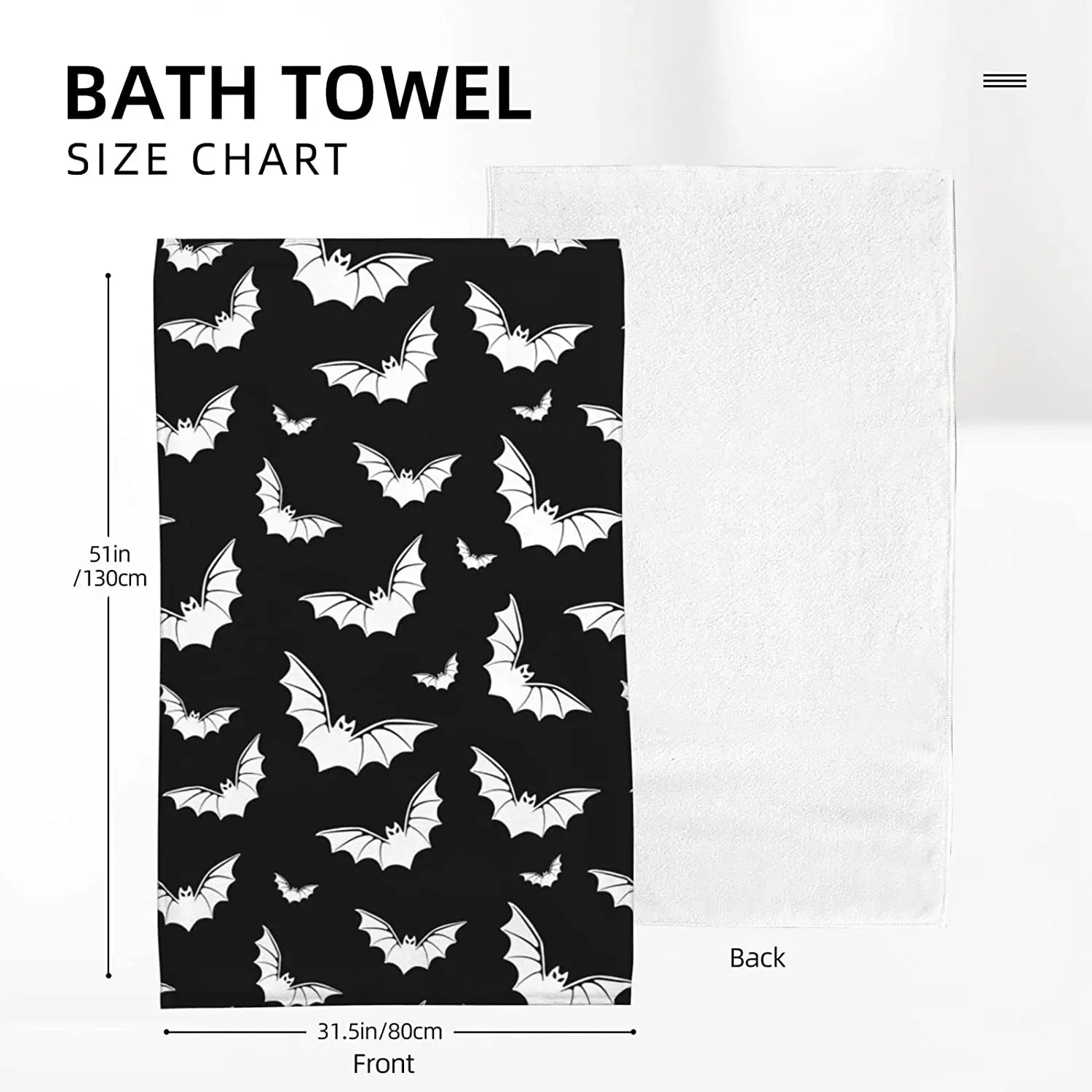 Goth Bat Microfiber Beach Towel – Black & White Gothic Design, Quick-Dry, Oversized 32x52 Inch