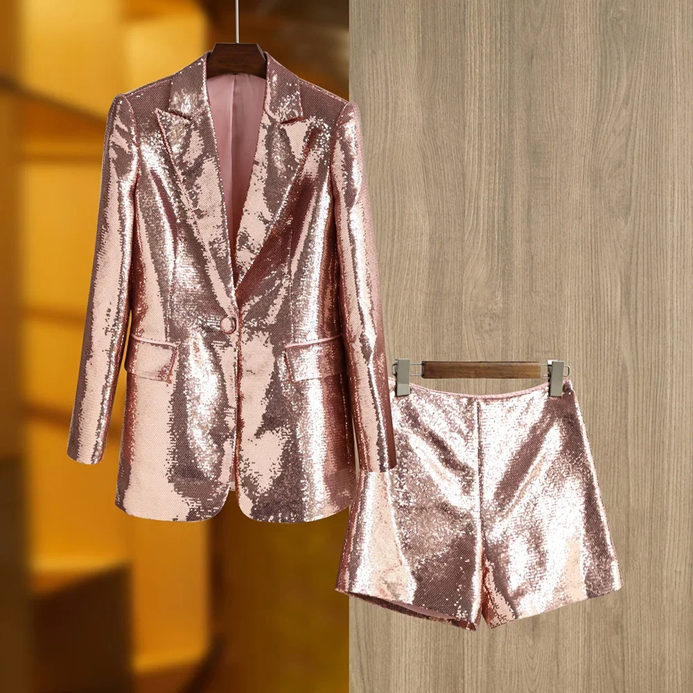 Brand New Unique Party Style Bling Sequins Cloth Suit Single Button Blazer Shorts Fushcia Color Lady 2PCs