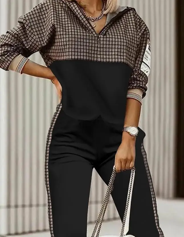 New Fashion 2023 Hot Selling Women's Plaid Patch Zip Front Long Sleeve Zip Hoodie and Pants Set