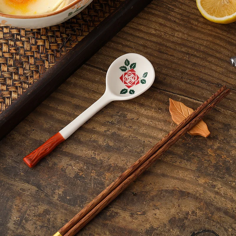 Alvage Japanese-style Retro Ceramic Small Soup Spoon Kitchen Cooking Utensil Tool Soup Teaspoon Catering Kitchen Accessories, Size: 13.5, Black