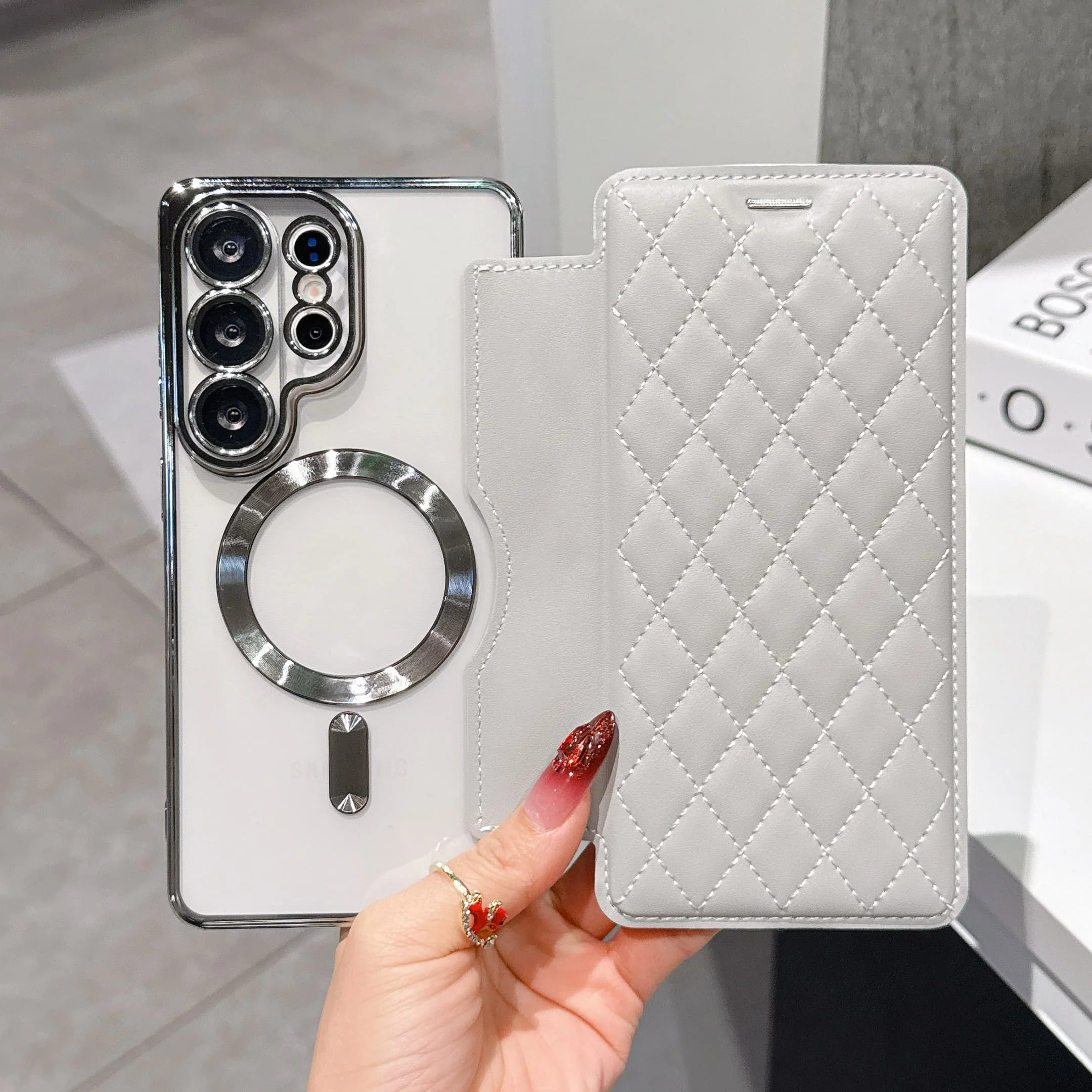 Premium PU Leather Magnetic Flip Wallet Case with Card Slots and Wireless Charging Compatibility