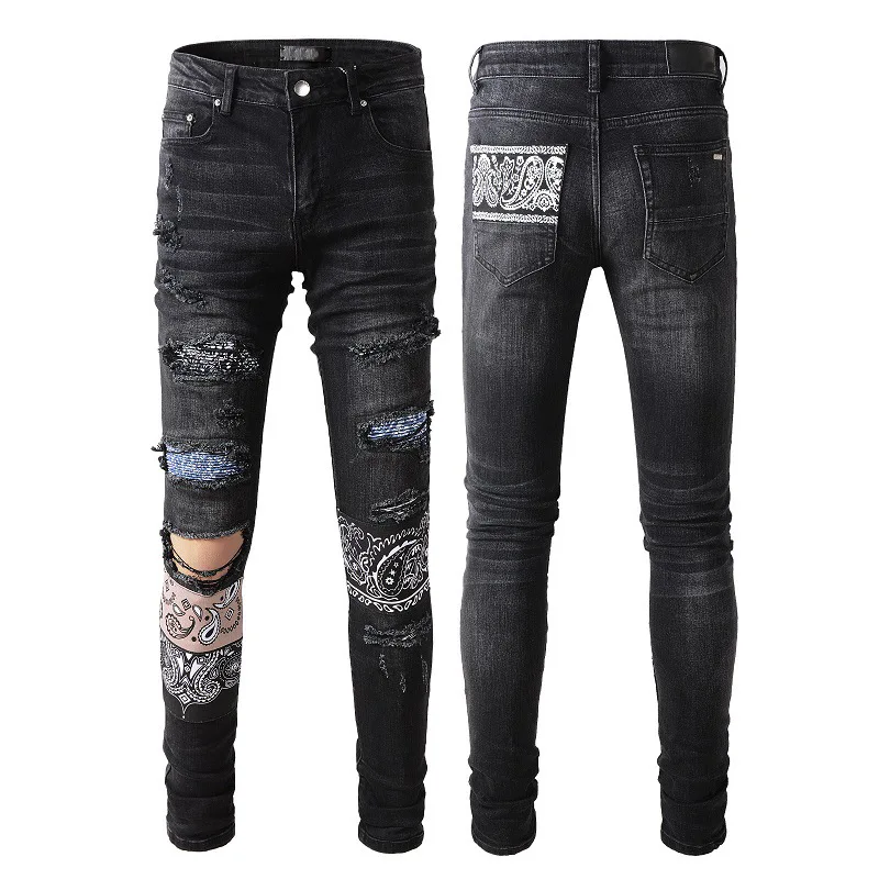 

High Quality Pants Bandana Streetwear for Men Women Fashion Black Cashew Patchwork Distressed Stretch Damaged Holes Skinny Jeans