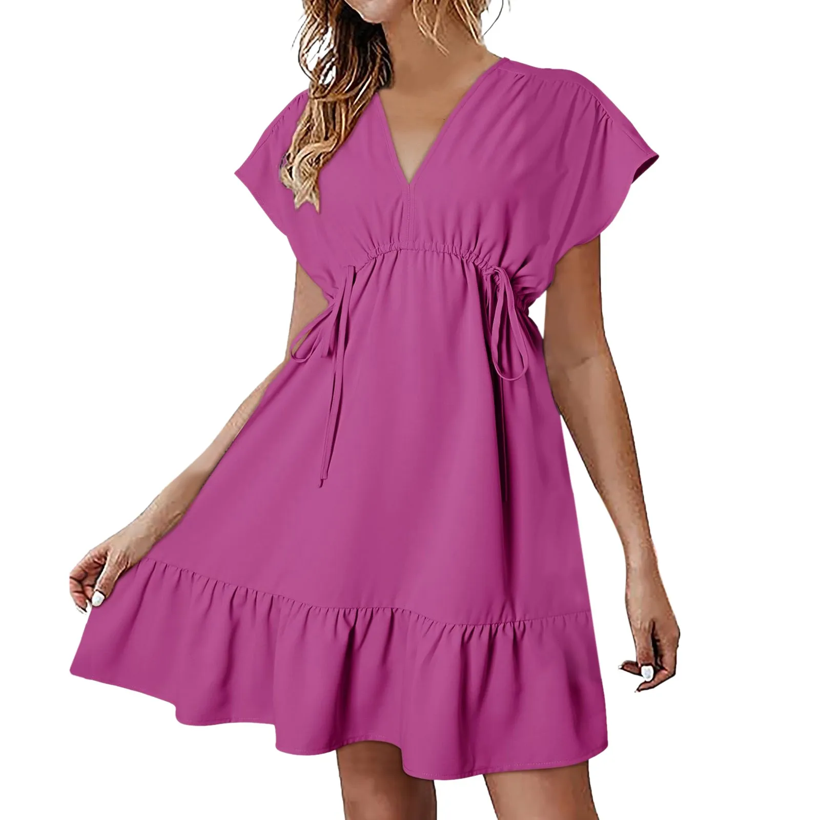 

Womens Dresses Short Sleeve V Neck Drawstring Casual Ruffle A Line Swing Mini Dress Wrap Summer Dress for Women