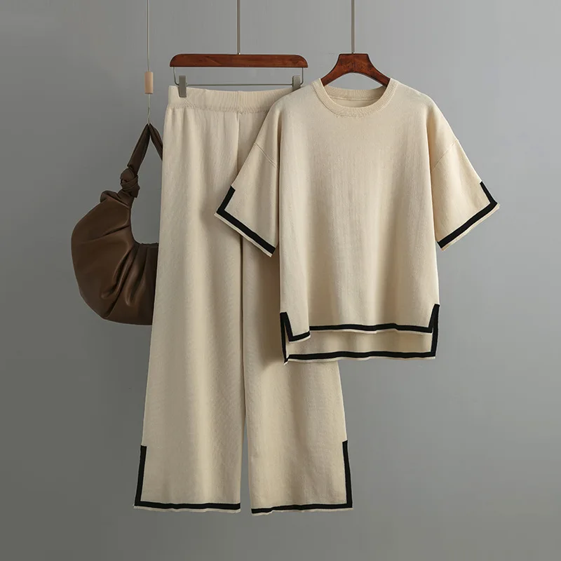 MODX New Fashion Set Temperament Contrast Color Split Short Sleeve Knitwear+High Waist Slim Wide Leg Pants Two Piece Set