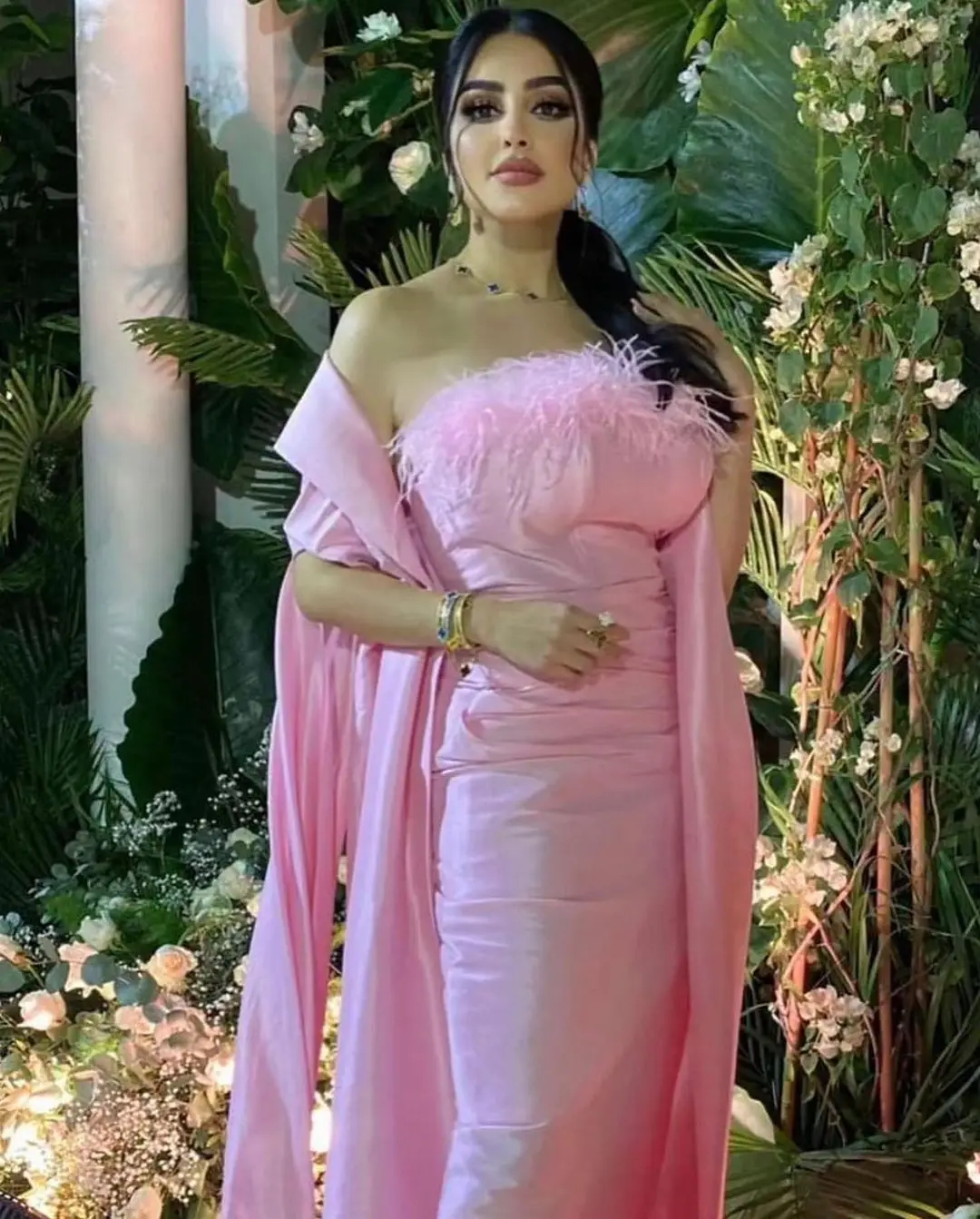 

Pink Satin Feathers Long Prom Dresses with Jacket Sheath Strapless Ankle Length Saudi Arabic Women Evening Party Dress