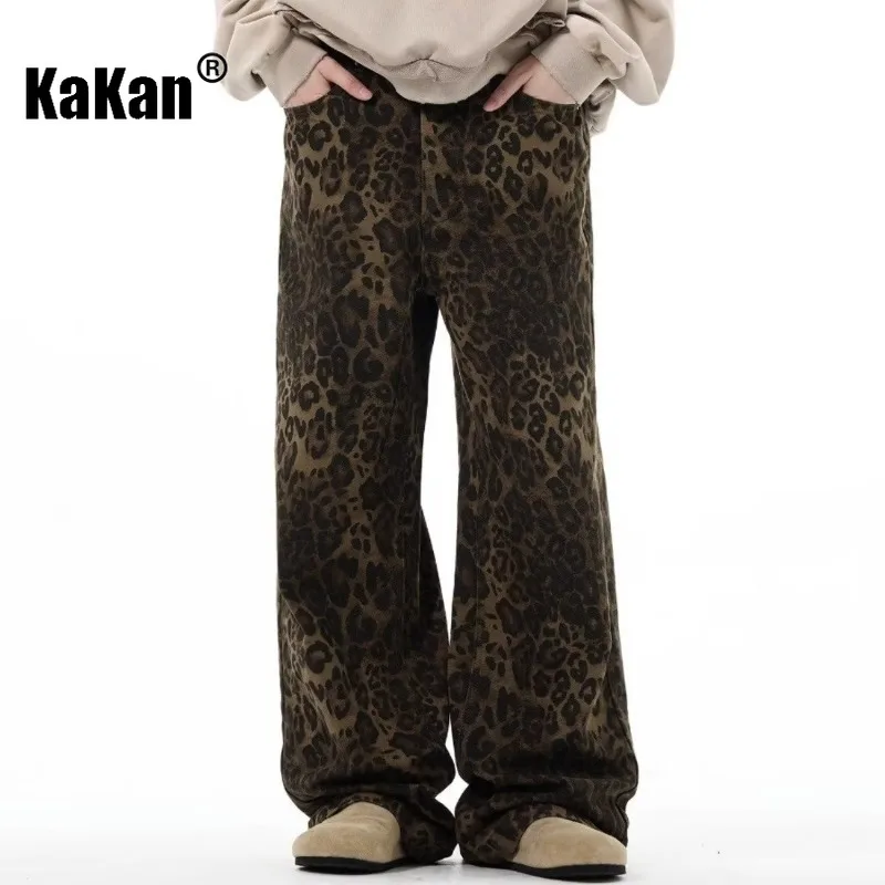 Kakan - European and American New Retro Leopard Print Jeans for Men, Straight and Loose Fitting Casual Long Jeans K27