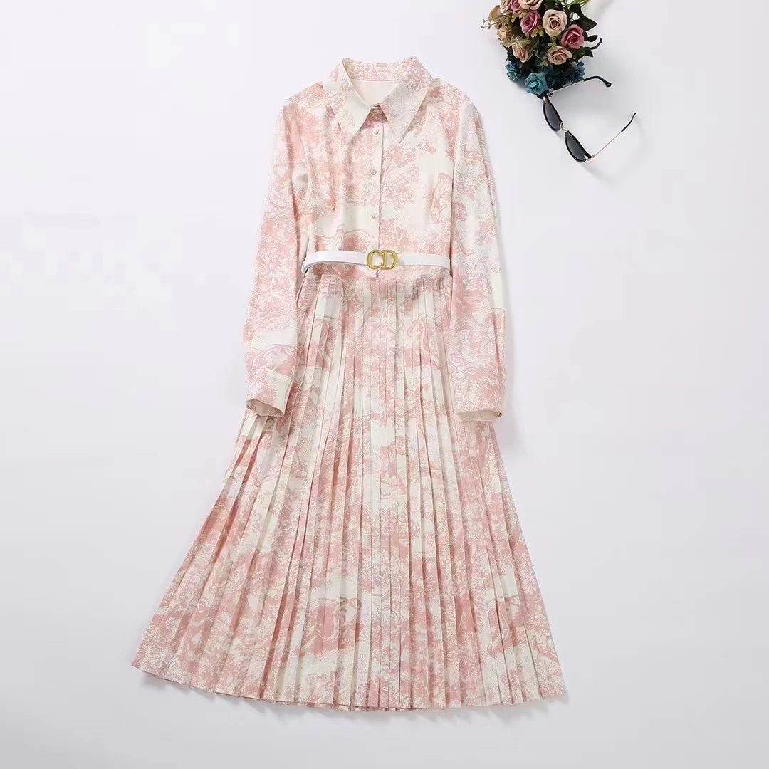 

European and American women's summer 2022 new Pink print on long-sleeve lapel Fashionable belt pleated dress