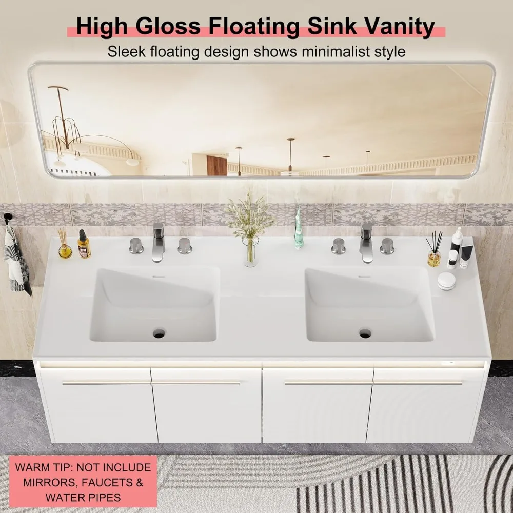 60" Double Sink Floating Vanity with Human Sensor LED, High Gloss Wall, Modern Bath Sink Vanity Cabinet with Metal Handles 4