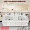 60" Double Sink Floating Vanity with Human Sensor LED, High Gloss Wall, Modern Bath Sink Vanity Cabinet with Metal Handles 4