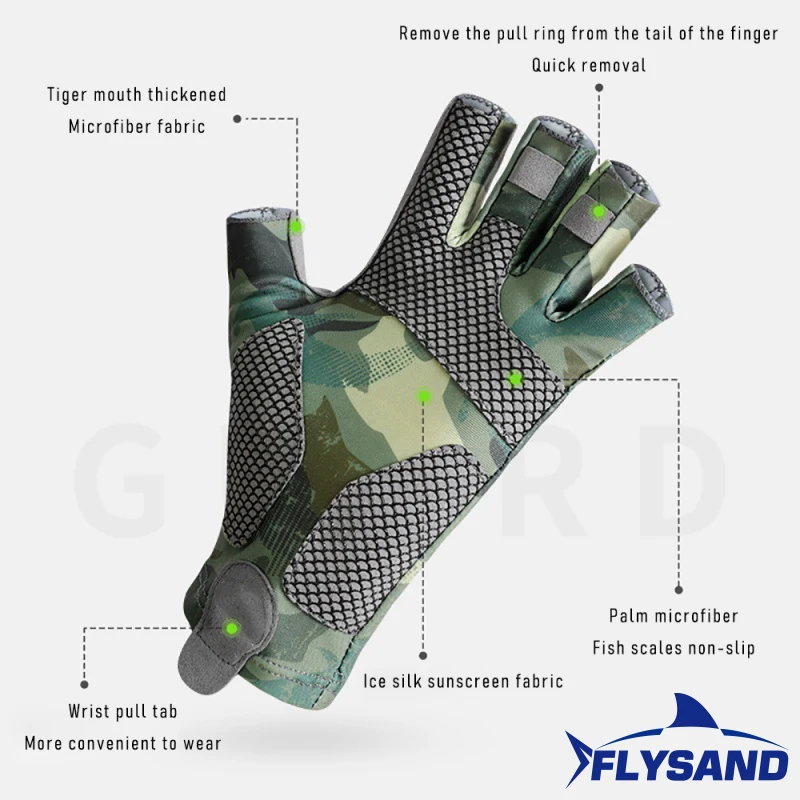 FLYSAND Professional UV Fishing fingerless gloves Men's Ice Silk Fingerless High Elastic Non-slip Wear Resistant Cycling Outdoor Glove L/XL