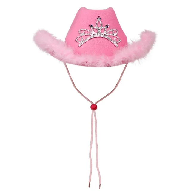 Western Style Cowboy Hat Pink Women Girls Birthday Party Caps with Feather Sequin Decoration Crown Tiara Night Club Cowgirl Hats 1