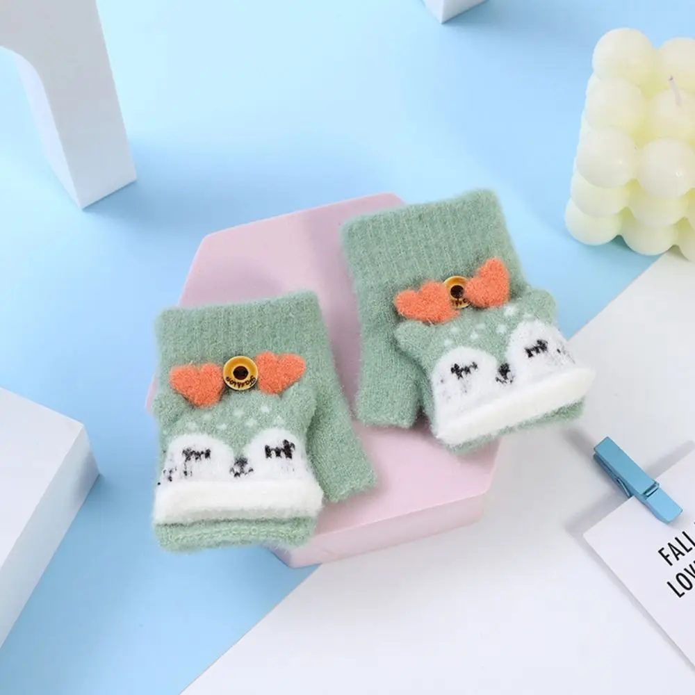 Winter Children Gloves Cute Flip Warm Mittens Fluffy Thick Boy Girl Cartoon Kids Half-finger 0-3Years Old Writing Soft Glove 2