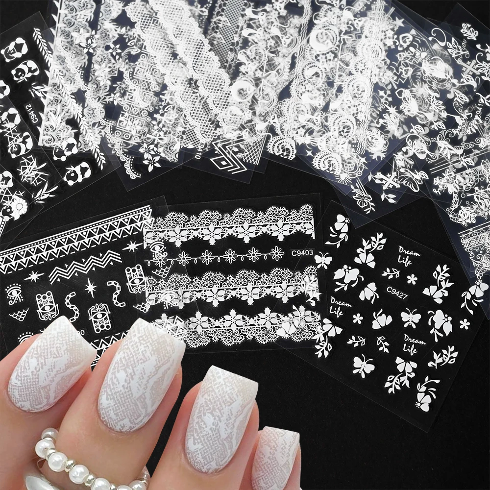 30pcs White & Black Lace Nail Art Stickers Flower & Star Designs Self-Adhesive Manicure Nail Foil Decoration Art Supplies