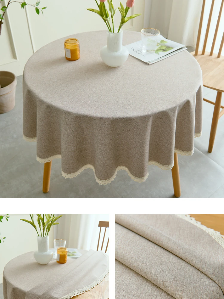 1pc Waterproof and Oil-Proof Round Table Cloth with Lace Edge,Nordic Style Solid