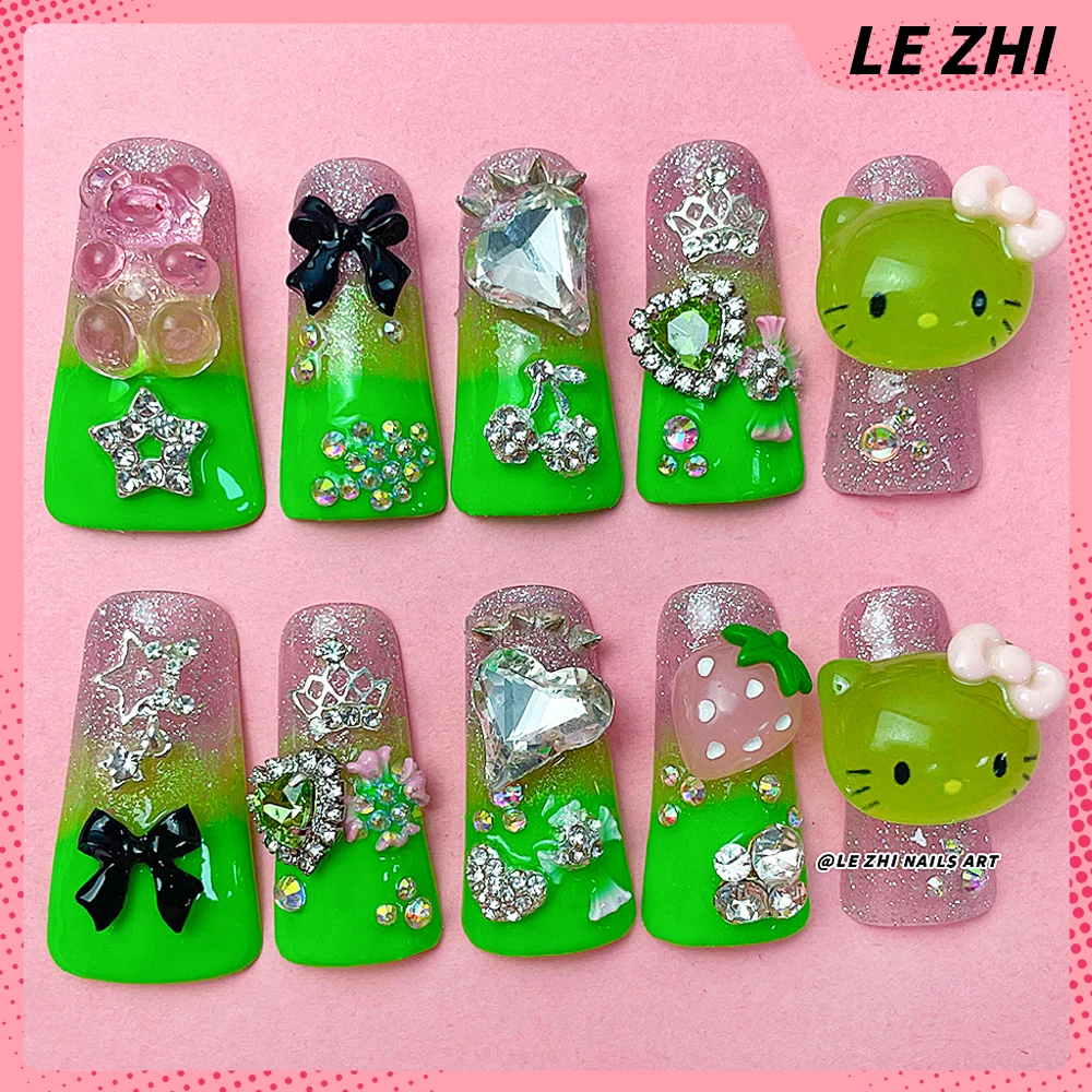 

Green Glitter Powder Hello Kitty Strawberry Love Bear Fake Nails Duck-bill Shape Luxury AB Diamond Reusable Full Cover Nail Gift