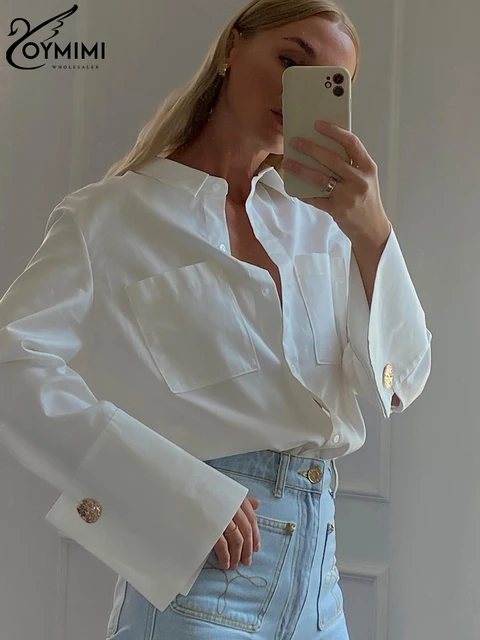Oymimi Fashion White Woman Blouse 2023 Elegant Lapel Long Sleeve Office Lady Shirts Casual Pockets Classic Top Female Clothing 1