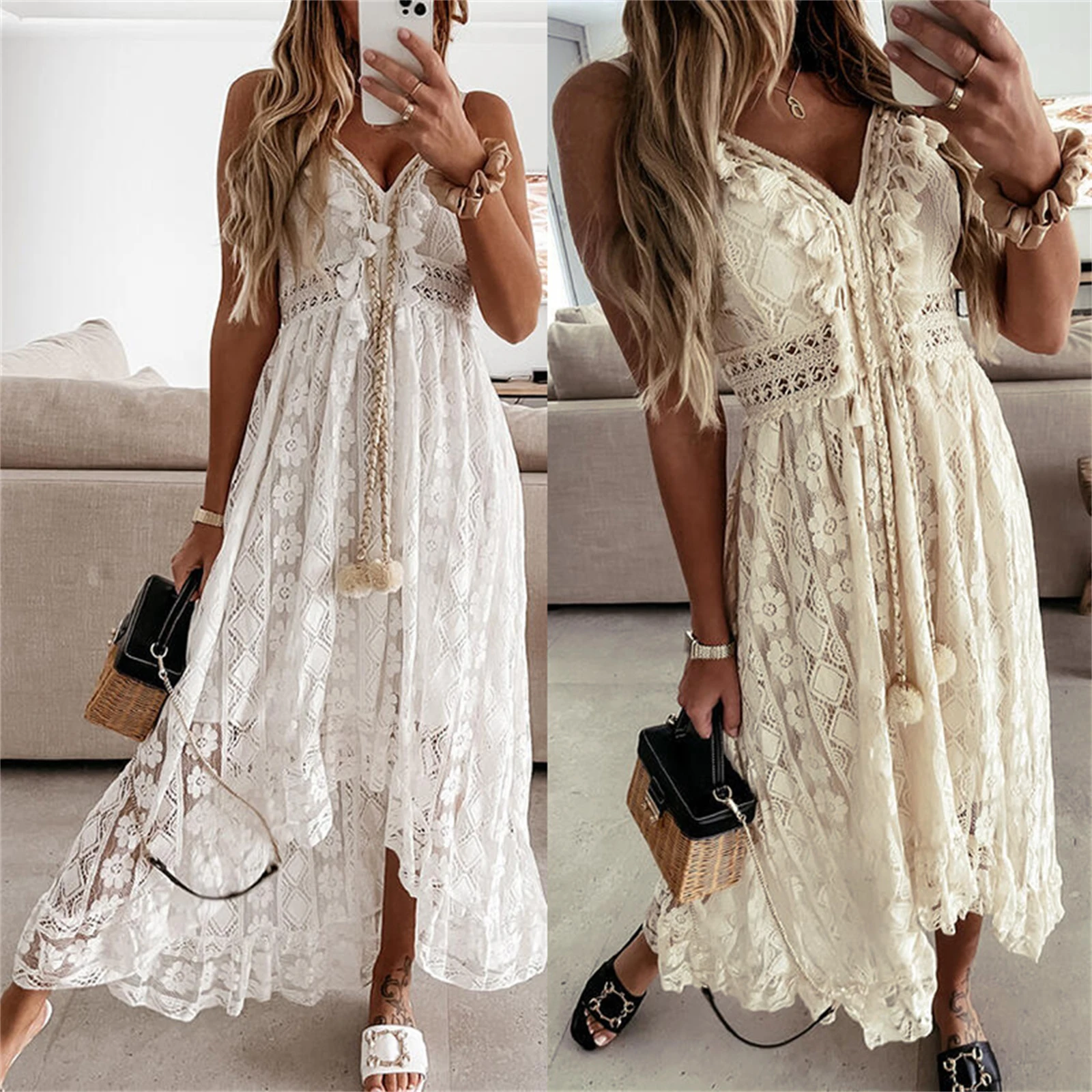 

Womens Summer Casual Dress with V Neck Spaghetti Strap Sleeveless Bohemian Wedding Beachwear Ruffle Mini Dresses