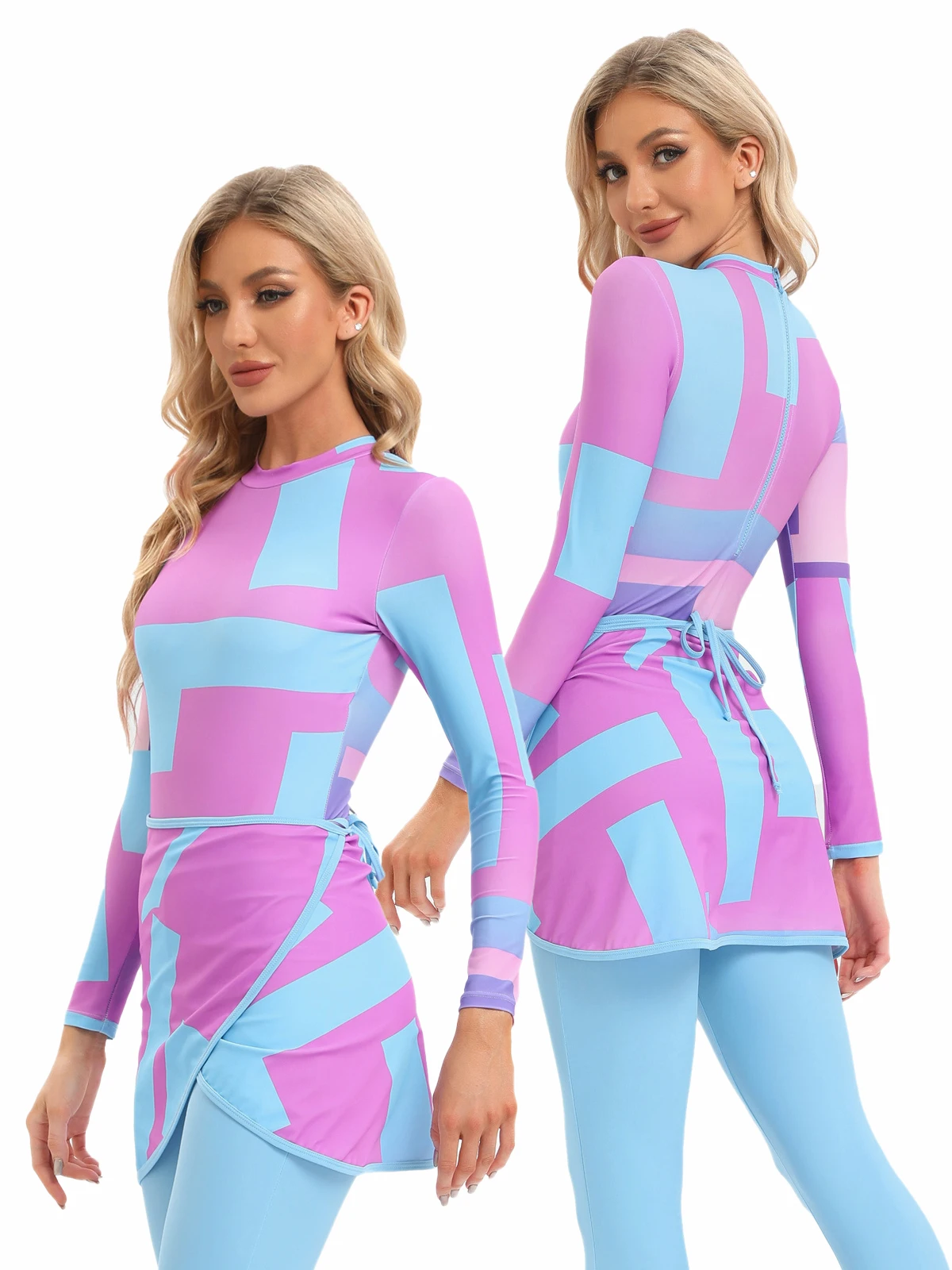 

3Pcs/Set Printed Conservative Beach Swimming Costume Monogrammed Swimsuit One-piece Dress Pink Round Neck Long Sleeve Full Wrap