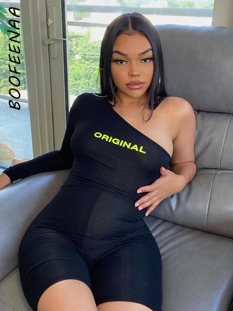 

BOOFEENAA Sexy Sport Bodycon Jumpsuit Letter Print One Shoulder Long Sleeve Bodycon Romper Black Blue One Piece Outfit C85-BZ15