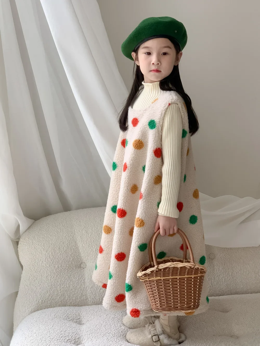 

2023 Winter New Fashion Children Girls Suspenders Dress Kids Plush Warm Clothes Multicolored Polka Dot Furry Vest Dress