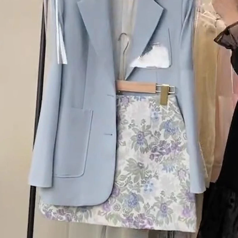 skirt sets Suit vest skirt spring new beautiful Korean blue coat printed skirt suit female sfashion sense blue suit floral skirt photo