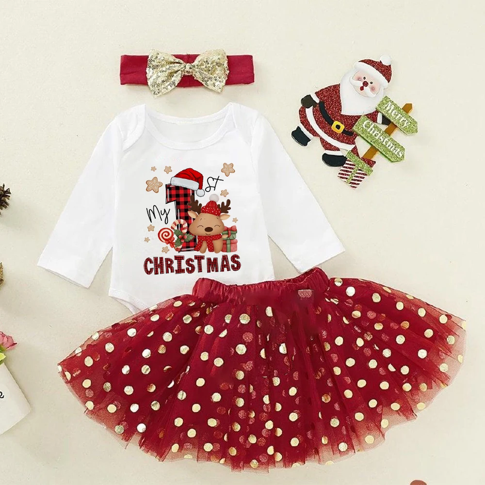 thumbnail image 1 of Conjunto de tutú y body de manga larga para bebé de My First Christmas, estampado de ciervos, para niña, vestido, pelele, falda, para bautizo infantil, 1 of 5