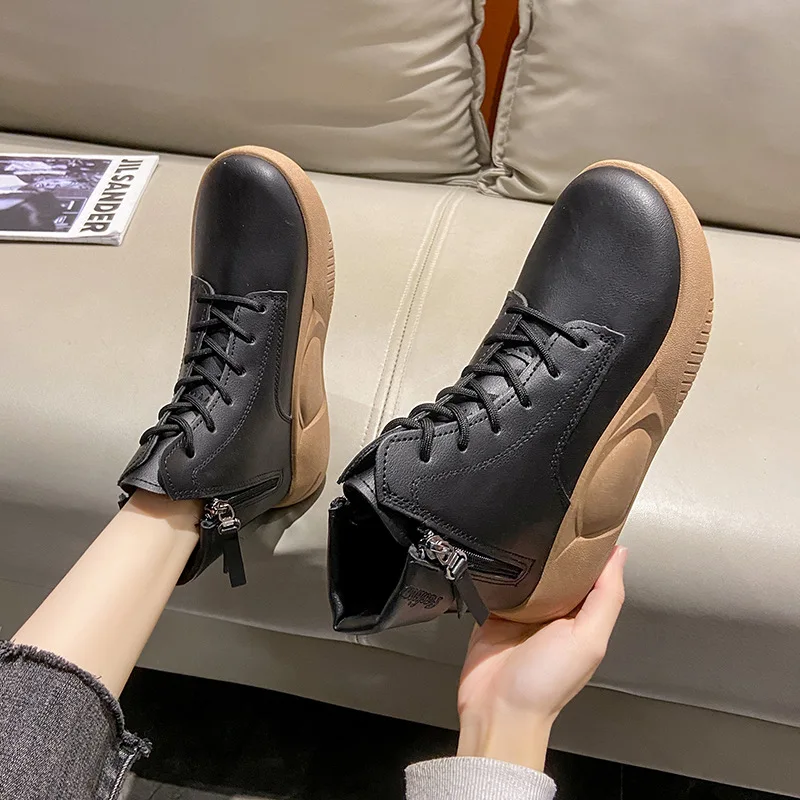 Women Platform Ankle Boots Fashion Casual High Top Sneakers Lace Up Side Zip Anti-slip Hiking Shoes Zapatilla Deportiva Mujer