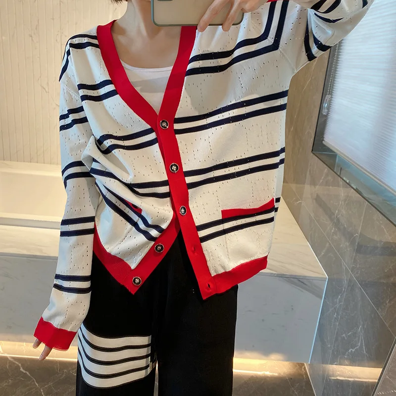 

Spring/Summer 2023 New Letter Jacquard Stripes with Contrast Edge Ice-hemp Long-sleeved Knitted Cardigan Jacket Women