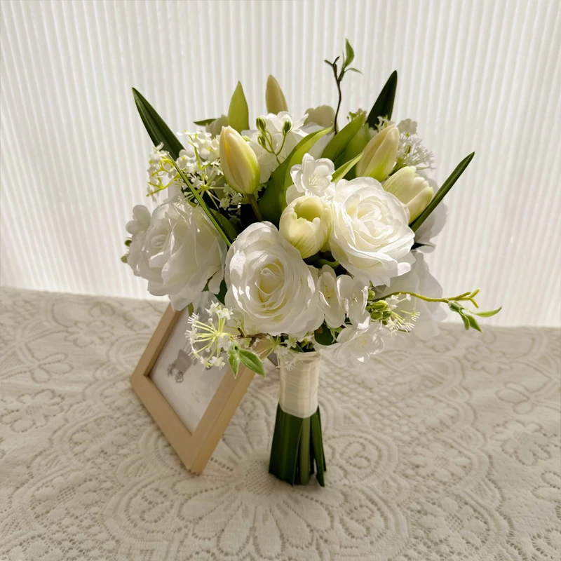 White Rose Artificial Flower Bouquet Korean Sle Fren Bridal Handheld Flower for Wedding Certifie Photoaphy