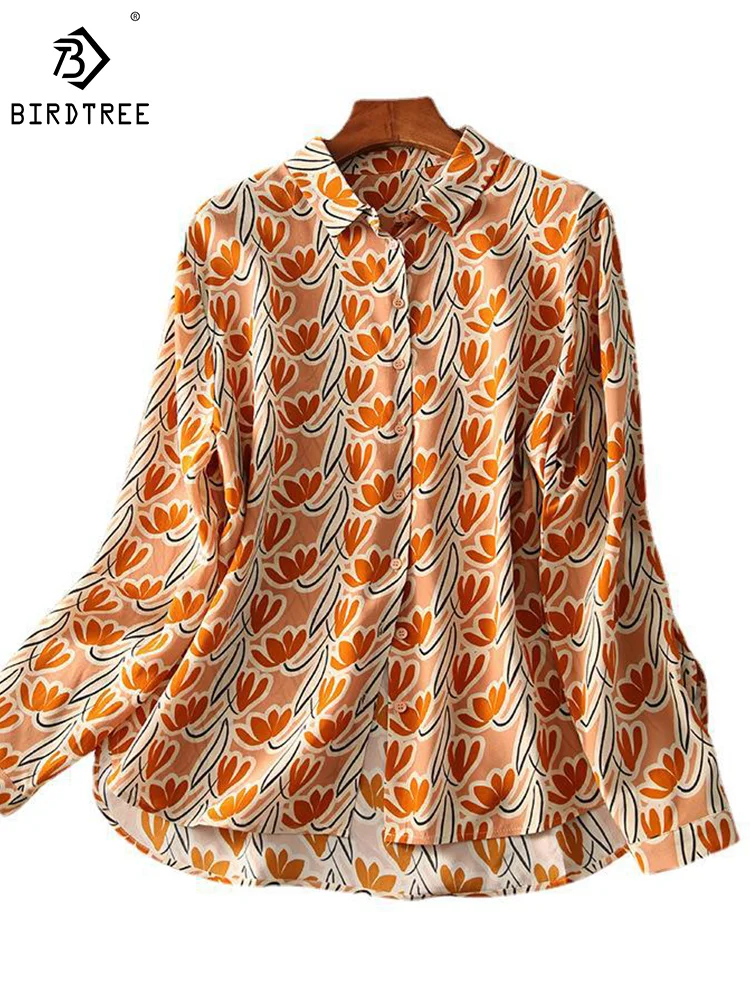 

Birdtree 100%Real Silk Elegant Loose Shirt Floral Print Long Sleeve Retro Chic Ins Blouses Office Lady Autumn New Tops T3N344QM